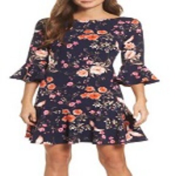 Eliza J Dresses & Skirts - Eliza J. Navy Blue Orange Floral Bell Sleeve Flounce Dress Size 14